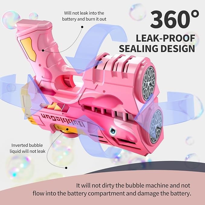 Rechargeable Pink Dolphin Bubble Guns for Kids, LED Light Up Bubble Machine Blower with 2 Bottles Bubble Refill Solution for Kids, Bubble Makers Blaster for Toddlers, Summer Wedding Toys Gift