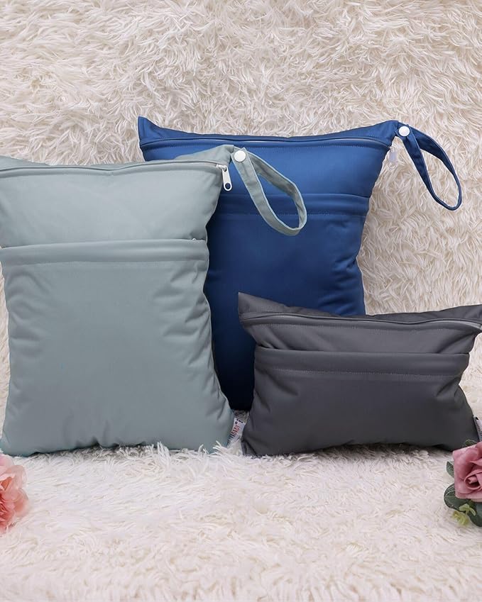 ALVABABY 3 Cloth Diaper Wet Dry Bags Waterproof Reusable with Two Zippered Pockets Travel Beach Pool Daycare Soiled Baby Items Yoga Gym Bag for Swimsuits or Wet Clothes Small medium Large 3L-SML01