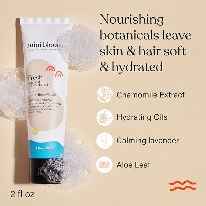 Fresh N’ Clean 2-in-1 Hair + Body Wash Shampoo Sulfate-Free Baby & Kid Safe Aloe leaf, Chamomile extract, Lavender & Botanicals - Travel Size