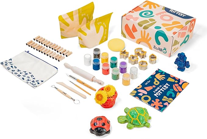 Sculpd - The Original Air Dry Clay Kit for Kids Age 7 8 9 - Includes Air Dry Modeling Clay, 10 Colors Paint Set, Paintbrushes, Sculpting Tools, Guide and More - Air Dry Clay for Kids Pottery