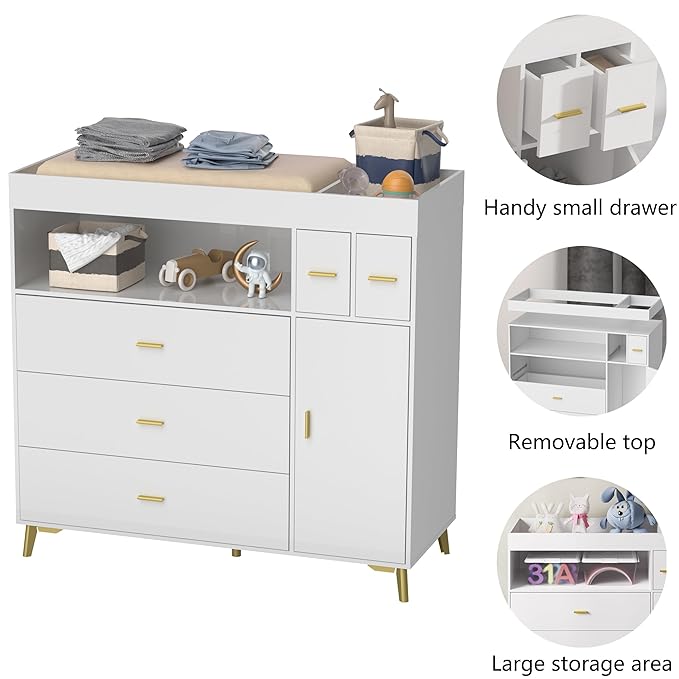 PakaLife Changing Table with Drawers, White Drawer Dresser,Changing Table Dresser with 5 Drawer & Cabinet…