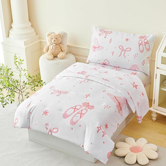 PERFEMET 4 Pieces Bow Comforter for Toddler Girls Reversible Bowknot Pink Toddler Bedding Set Ultra Soft Lightweight Princess Crib Bed Set with Sheets