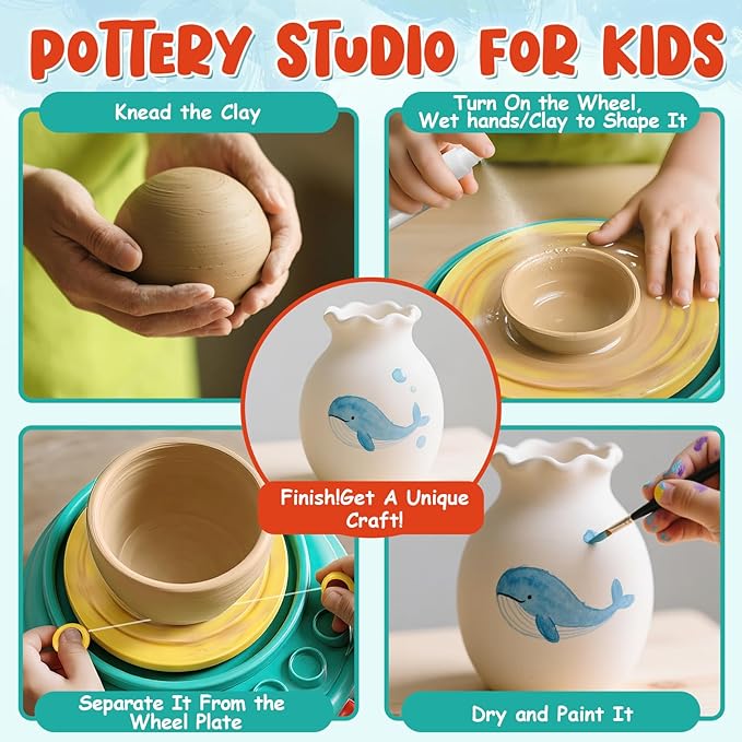Lehoo Castle Pottery Wheel for Kids, Complete Pottery Arts and Crafts for Kids Ages 8-12 with Air Dry Clay Painting Kit Sculpting Tools, Art Supplies for Girls Boy Birthday Gift for Ages 6+