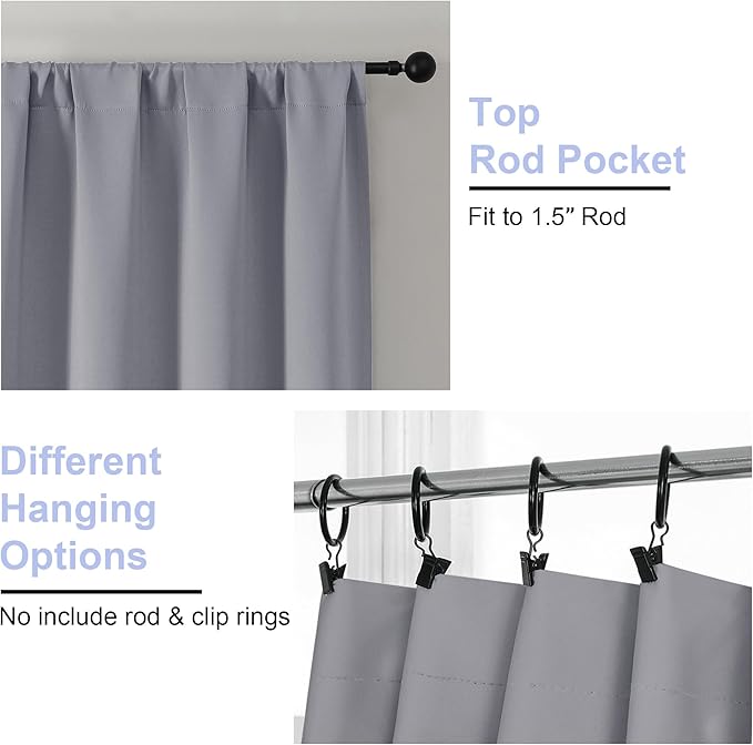 Simplebrand Ava Silver Grey Blackout Curtains for Bedroom 63 Inch Length 2 Panels, Solid Thermal Insulated Energy Saving Rod Pocket Window Treatment Curtains Blackout Drapes, W40 x L63 Inch, Silver
