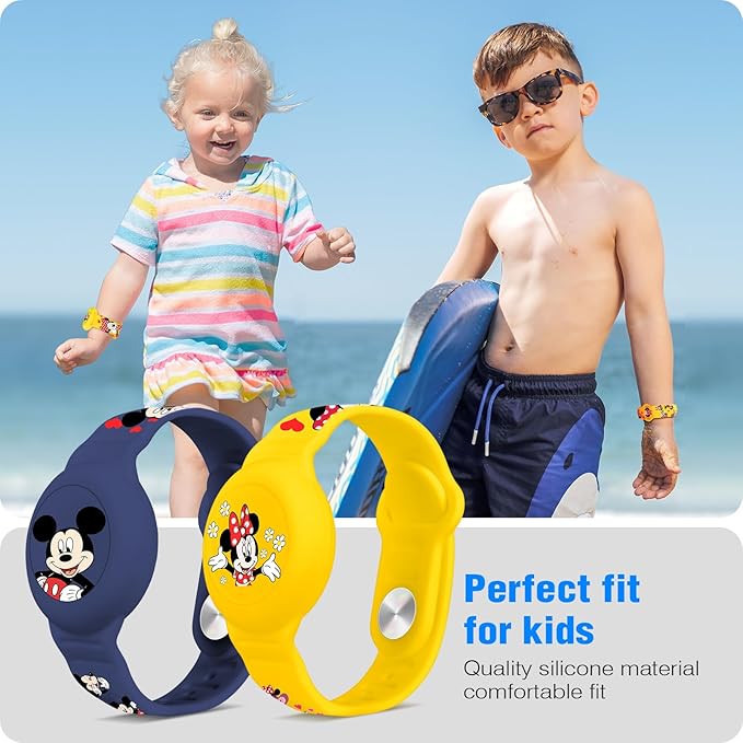 Waterproof Air Tag Bracelet for Kids [2 Pack], Cute Cartoon Air Tag Holder for Kids with Full Coverage Hidden Design, Silicone Airtag Wristband for Child, Healthy Material Blue + Yellow