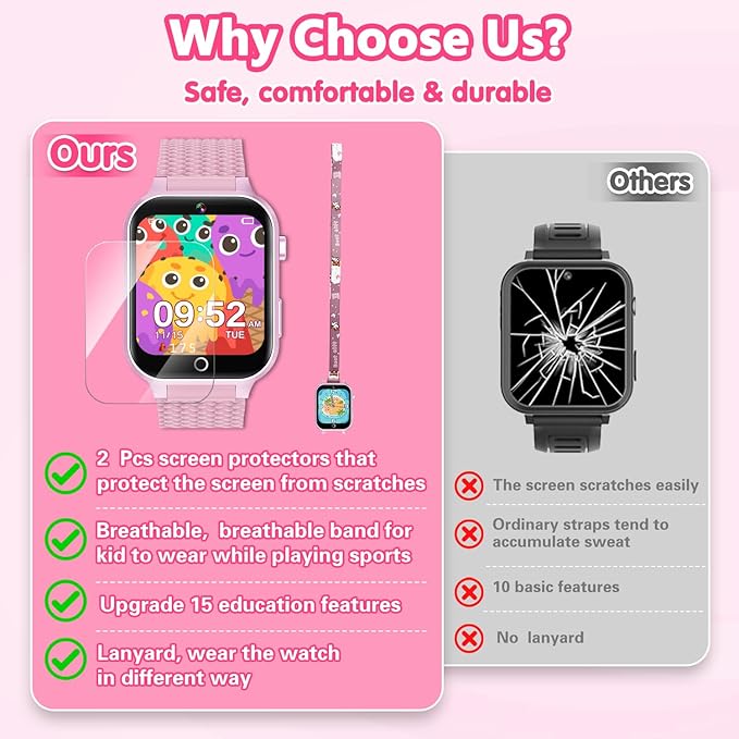 Smart Watch for Kids Girl Gift Ages 3-12, 2 Screen Protector, 26 Puzzle Games, HD Camera Video Music Player Touchscreen Pedometer, Educationtal Toy Brithday Gifts for Girl Ages 4 5 6 7 8 9 10(Pink)