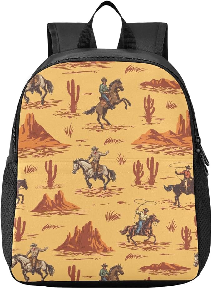 Western Desert Cowboy Toddler Backpack Waterproof Mini Backpack Boys/Girls Cute Small Backpack Kindergarten Pre School Bags 13 Inch