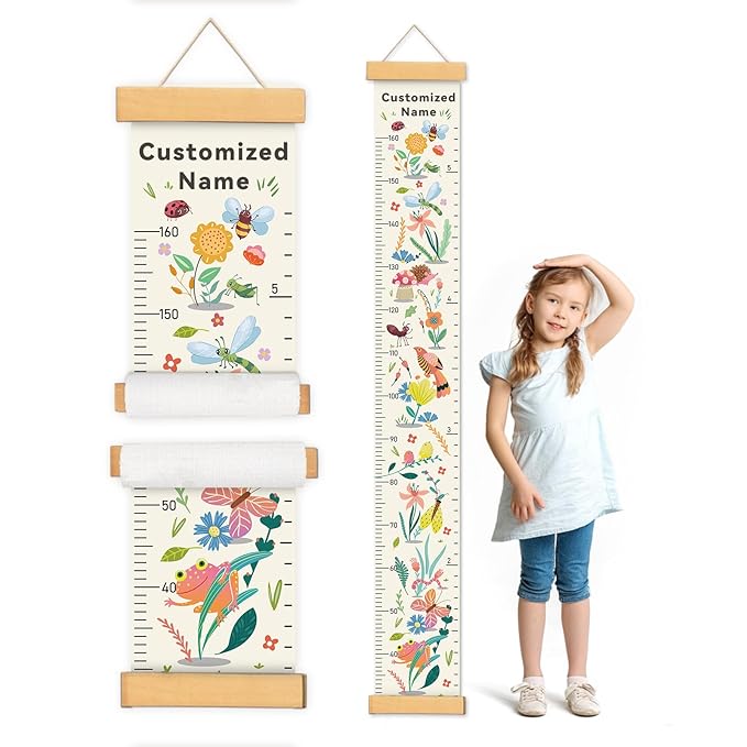 Personalized Name Growth Chart for Wall, Flower Birds Canvas Height Chart for Kids Baby Child Toddler Boys Girls, Canvas&Wood Growth Chart for Wall Room Nursery Decor,Easy Care