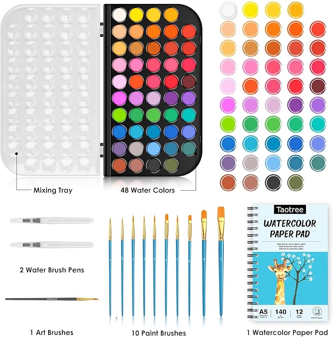 Taotree Watercolor Paint Set, 48 Colors Watercolors Kit Water Colors with 10 Paint Brushes, Brush Pens, Palette, Drawing Pad, Painting Supplies, Christmas Gifts for Teen Girls Boys Kids Adults Artist