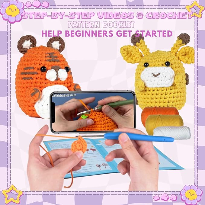 yhwsymgmho Crochet Kit for Beginners:2pcs Animals amigurumi Crochet Starter Kits with Step-by-Step Video Tutorials,Easy Knitting Set for Adults Kids,DIY Crocheting Doll Gift(Tiger & Giraffe)