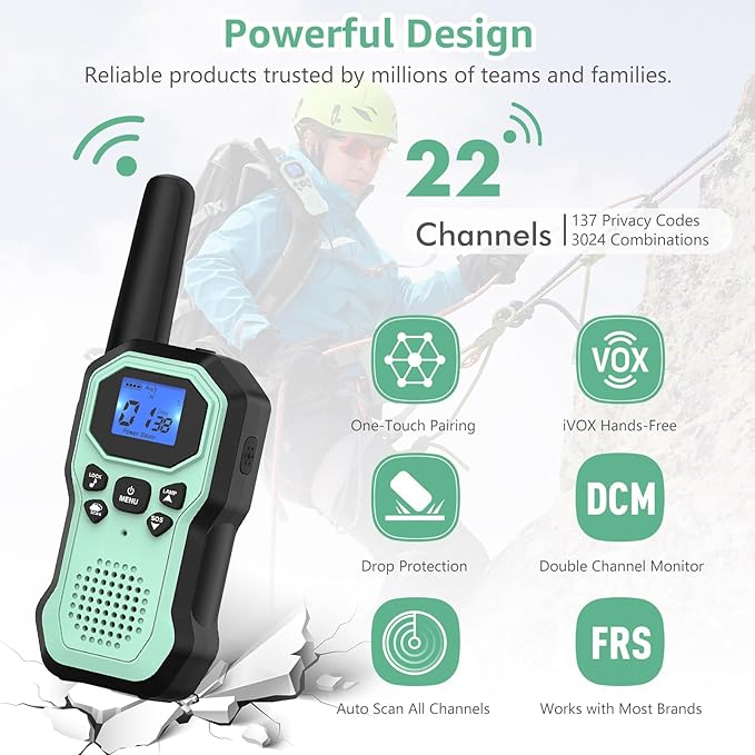 Walkie Talkies for Adults Long Range 2 Way Radios for Kids Rechargeable 4 Pack, Hiking Camping Skiing Cruising Gear with Lamp, USB-C, SOS Siren, NOAA Alert, iVOX Hands-Free, One-Touch Pairing