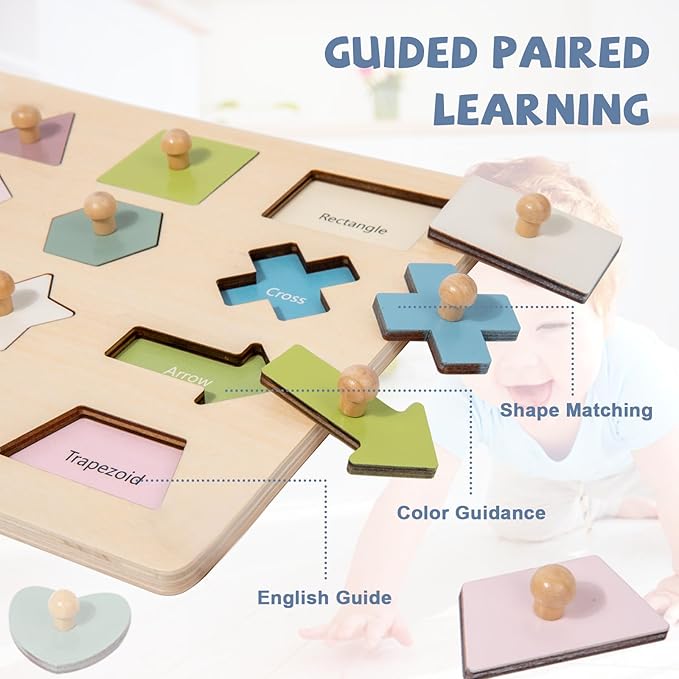 Adena Montessori Wooden Shape Peg 16 Piece Puzzle for Toddlers 2-4,Montessori Colorful Shapes Sorter Board,Geometric Color Matching Toys for Girls Boys 18-24 Months,Baby & Toddler Eearly Learning Gift