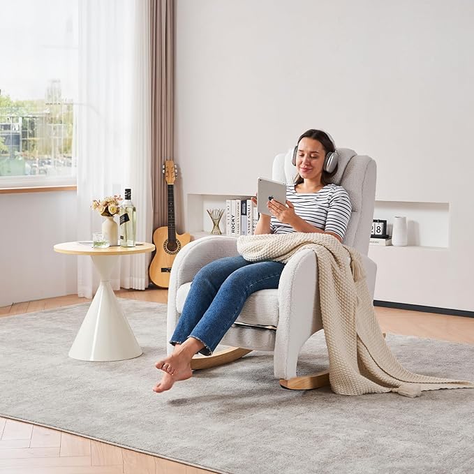 Rocking Chair Nursery, Modern Glider Chair with Adjustable Footrest and Solid Wood Legs, High Backrest Nursery Chair with Side Pocket, Rocker Armchair for Living Room Bedroom, Teddy Ivory