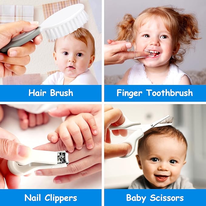Baby Healthcare and Grooming Kit, 28 in 1 Portable Baby Essentials Kit Electric Nail Trimmer Set with Gas Relief Hair Brush Comb Nasal Aspirator for Newborn Boys Girls (Grey White)