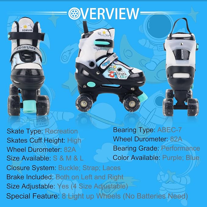Sowume Adjustable Roller Skates for Girls and Women, All 8 Wheels of Girl's Skates Shine, Safe and Fun Illuminating for Kids