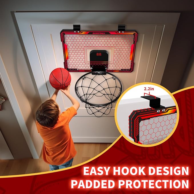 Mini Basketball Hoop with LED Lighting, Electronic Scoreboard, 3 Modes, Over Door Mount, Gift for Kids & Adults (Red)