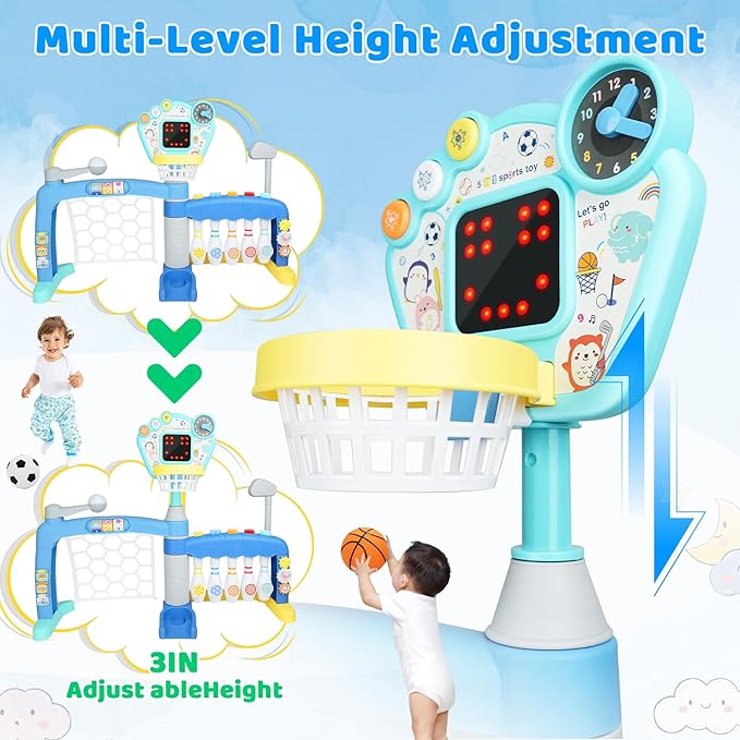 Toddler Basketball Hoop with Adjustable Height, 5 in 1 Toddler Sports Activity Center, Basketball Bowling Baseball Soccer Golf Set, Indoor Outdoor Sports Toy for Baby Birthday Present
