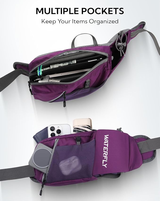 WATERFLY Fanny Pack Waist Bag: Hiking Water Bottle Holder with Strap Waist Pack for Women Men Hydration Hip Packs for Running Walking Traveling-Dark Purple