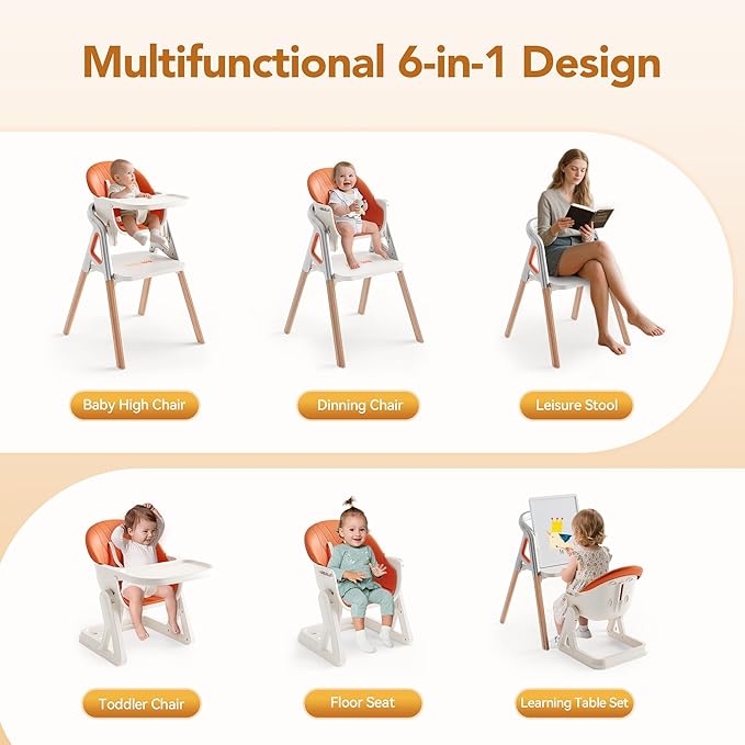 CoziBB Baby High Chair, 6 in 1 Convertible Growing Baby Highchairs for Babies and Toddlers, Baby Chair with Adjustable Dining Tray and Seat, 5-Point Safety Belt,White