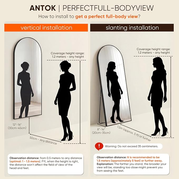 Antok 56" x15” Arched Full Length Floor Mirror, Free Standing/Wall Mount/Leaning - Image 9
