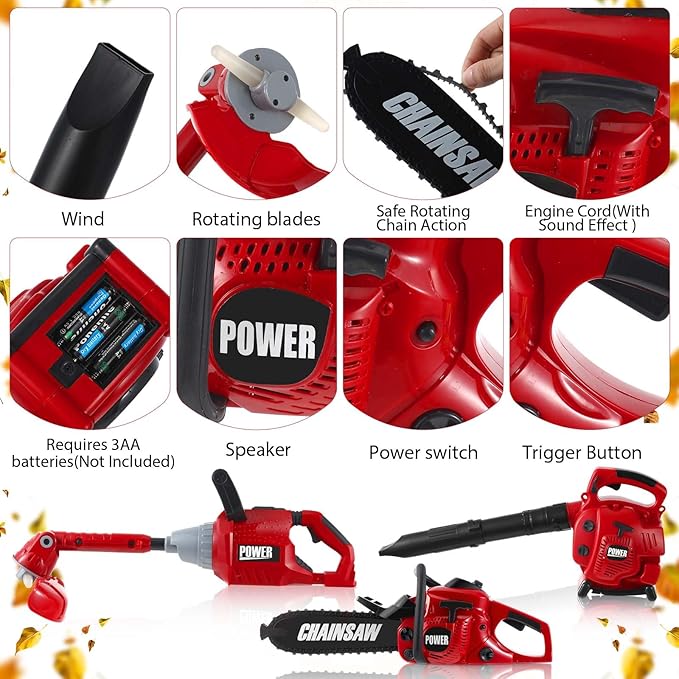 3 Pcs Toy Gardening Tool Set for Kids Toy Leaf Blower Weed Trimmer Chainsaw Pretend Play Set with Lights and Sounds Birthday for Boys Girls