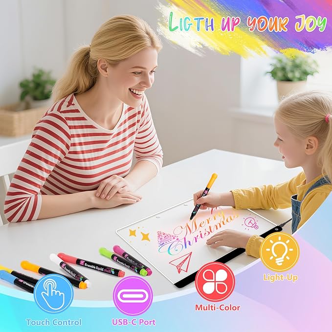 Led Drawing Board for Kids with Stand, Small White Board 14.5"X10.6" 7 Colors Acrylic Dry Erase Board with Light, LED Note Board with Colors, Touch Control, 8 Markers,as Night Light for Festival/Gift