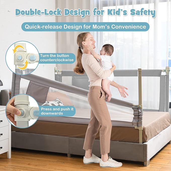 BABY JOY Bed Rail for Toddlers, 77'' Extra Long, Height Adjustable & Foldable Baby Bed Rail Guard w/Storage Pocket & Double Safety Child Lock for Kids Twin Double Full Size Queen King Mattress (Gray)