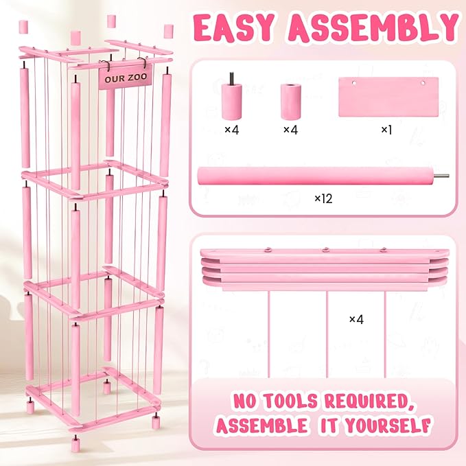 Stuffed Animal Storage & Organizer, Wooden Cute Zoo Toy Holder for Toddler Rooms, Playrooms & Bedrooms（Pink）