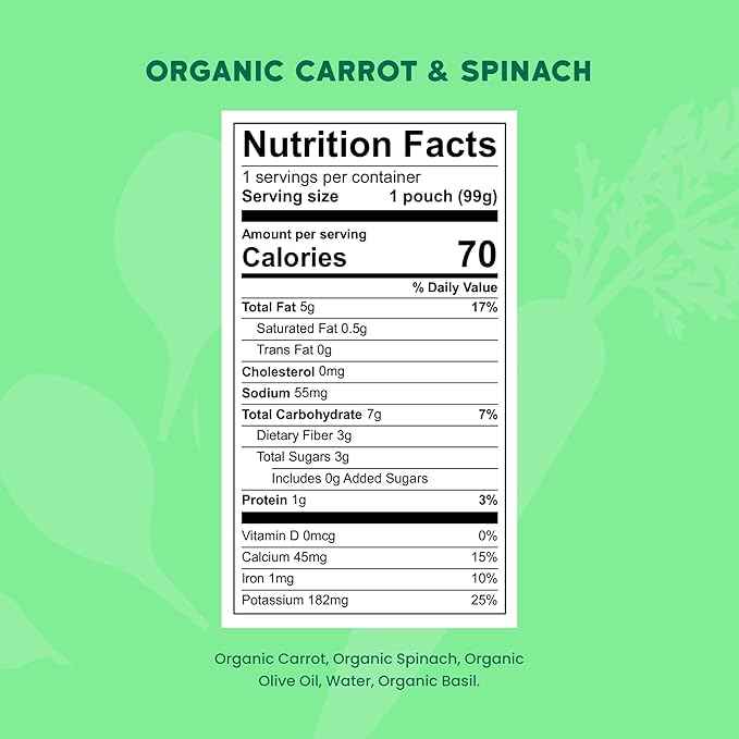 Serenity Kids 6+ Months Veggie Puree Baby Food Pouches - Carrot, Spinach & Basil - USDA Organic Baby Food & Allergen Free - No Added Sugar & BPA Free - 3.5 Oz, 12 Pack