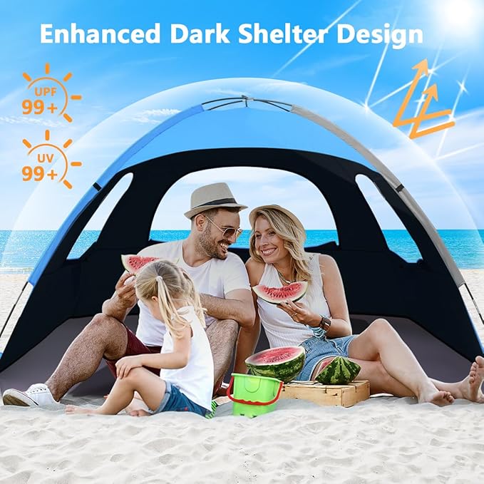 NXONE Beach Tent Sun Shade Shelter for 3/4/6 Person Person with UV Protection, Extended Floor, 3 Mesh Roll Up Windows & 8.0/8.5mm Fiberglass Rods丨Carry Bag Included