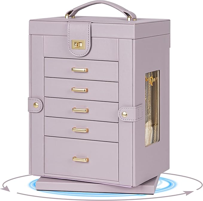 AKOZLIN 360° Rotating Jewelry Box 6-Tier Organizer Functional Jewelry Storage Case for Women Girls Ring Necklace Earring Bracelet Holder with Mirror Purple