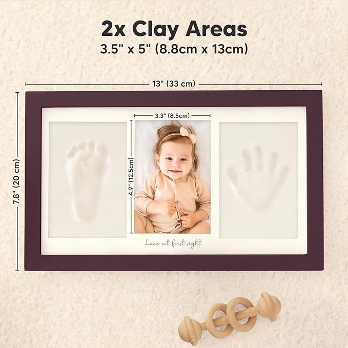 Baby Hand and Footprint Kit - Clay Handprint Keepsake Frame, Newborn Nursery Picture Frame, Personalized New Mom Gifts for Baby Shower & Registry (Auburn)