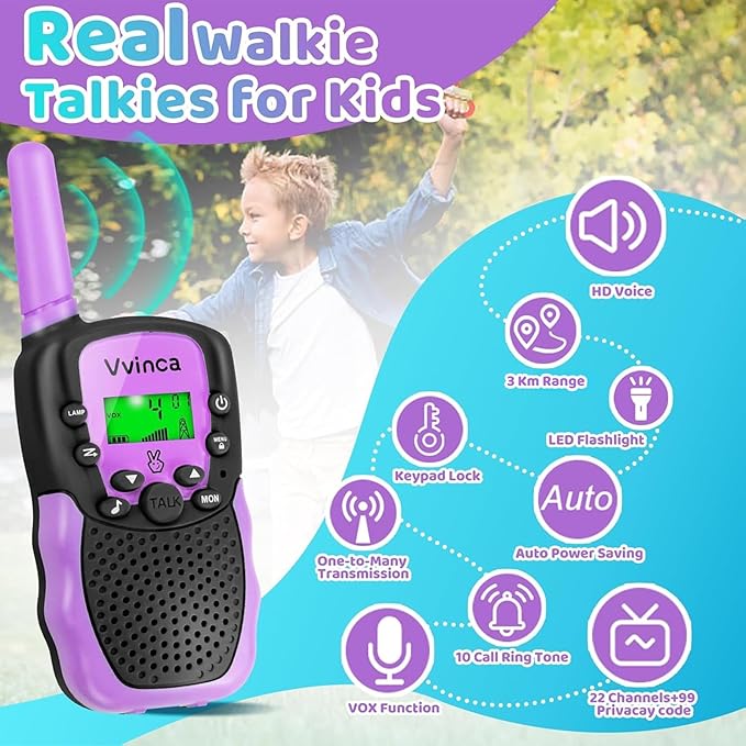 Vvinca Rechargeable Walkie Talkies for Kids, Toys for Ages 5-7 Birthday Gift for 3-12 Year Old Girl Boy with Flashlight 22 Channel 2 Way Radio 3 Mile Long Range Walkie Talkie for Outdoor Game Camping