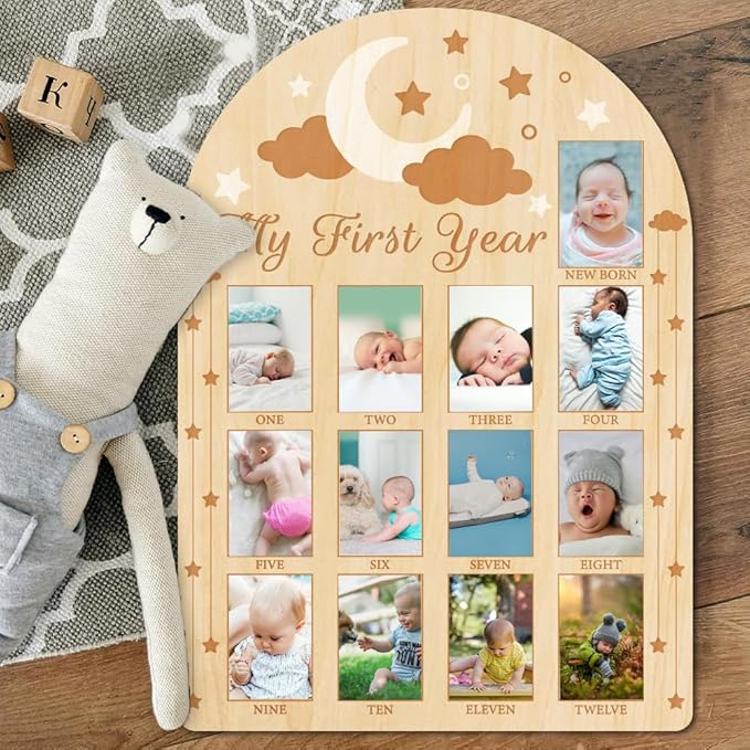 ORIGACH My First Year Baby Growth Photo Display Wood Board - 12 Months Newborn Milestones Photo Board - Neutral Baby Keepsake Frame 1st Birthday Party Nursery Decor New Mom Gift - Moon Star & Cloud