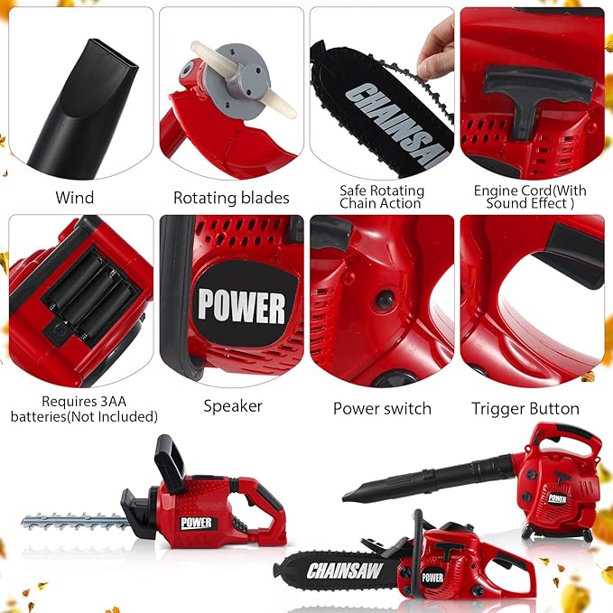 3 Pcs Toy Gardening Tool Set for Kids Toy Leaf Blower Hedge Trimmer Chainsaw Pretend Play Set with Lights and Sounds Birthday for Boys Girls