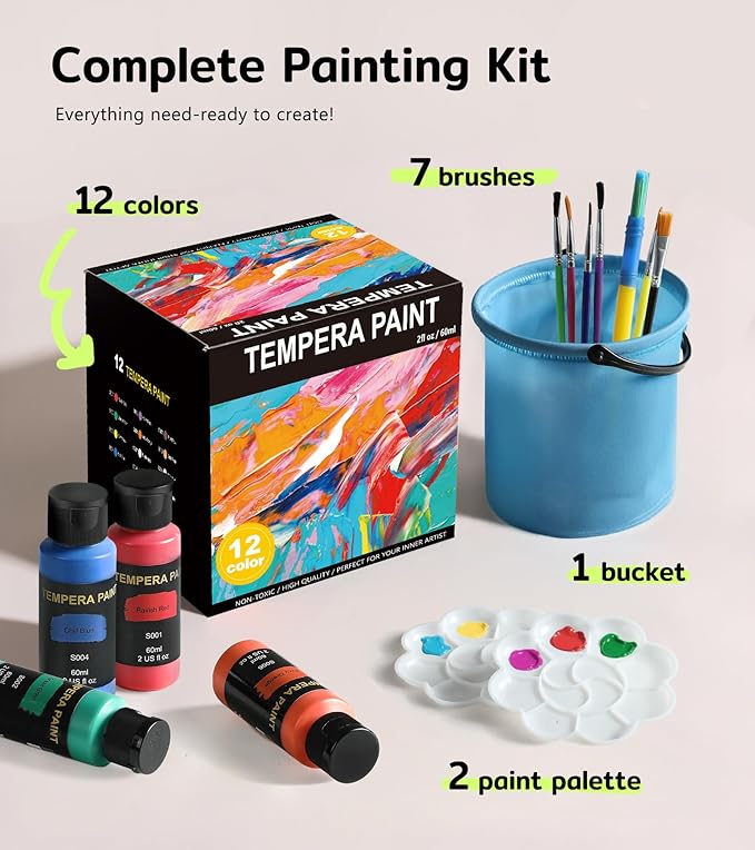 TMOL Washable Paint for Kids 12 Colors, Non-Toxic, Safe & Washable for Toddlers, Tempera Paint with Brushes, Palette & Bucket, School Project Art Supplies