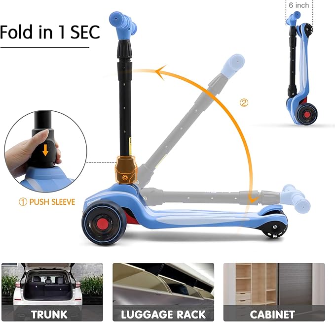 LOL-FUN Toddler Scooter for Kids Ages 3-12 Years Old Boy Girl with 3 Wheel LED Lights, Extra-Wide Childrens Foldable Kick Scooter Kids Ages 3-5 with 4 Adjustable Height and Lean-to-Steer