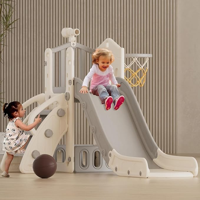 XJD 5 in 1 Toddler Slide, Kids Slide for Toddlers Age 1-3, Outdoor Indoor Playset for Toddlers with Basketball Hoop and Ball, Storage Space and Non-Slip Steps Telescope (Gley)