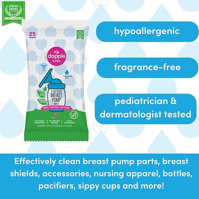Dapple Breast Pump Wipes, Powered by Plants, Hypoallergenic, Removes Milk Residue, Fragrance Free, Convenient Wipes Pouch, 25 Count (2 Pack)