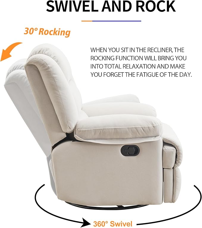 Swivel Rocking Recliner Chair for Adults, Overstuffed Manual Glider Rocker Recliner Chairs, Upholstered Reclining Single Sofa for Living Room Nursery (Beige)