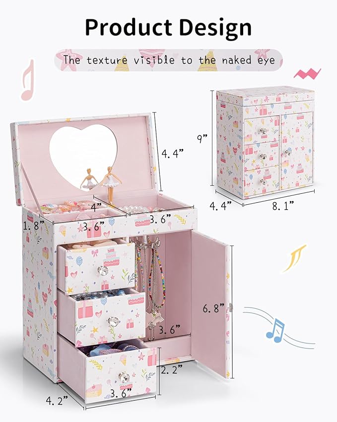 Vlando Musical Jewelry Box for Girls, Large Kid Music Box with Ballerina for Birthday Bedroom Decor, 4 Layer Girl Jewelry Gifts for Girls Kids - Fantasy