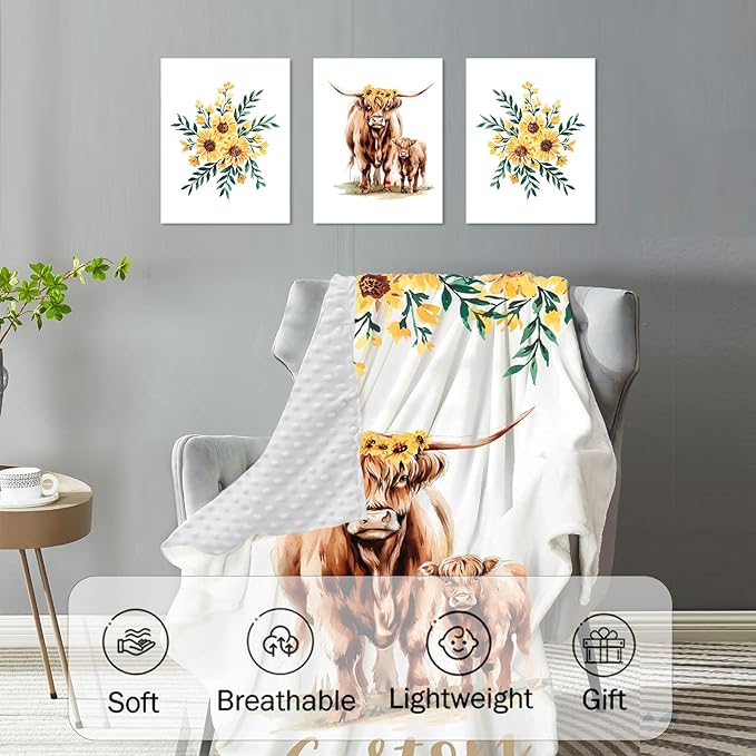 Personalized Nursery Crib Bedding Set: Custom Name Yellow Floral 5 Piece Baby Crib Sets with Highland Cattle Design - Toddler Double Layer Blanket Set, Comfortable Crib Bed Sheets for Baby Grils