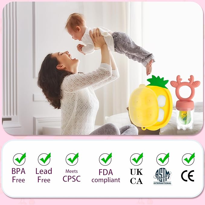 Baby Fruit Food Feeder - Silicone Nibble Tray Combo - Breastmilk Popsicle Mold for Cooling Relief, BPA Free Mesh Feeder for Infant Self Feeding (Deer Pink + Pineapple)