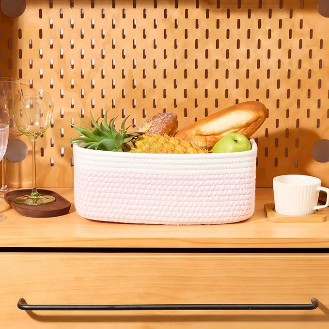 Small Storage Baskets for Organizing | Closet Organizer Bins | Shelf Toy Basket | Woven Rope Baskets | Cube Decorative Box | Shallow Basket | 13x8.5x5.1” | 3 Packs White Pink