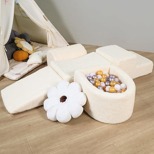 Foam Climbing Blocks - Climbing Toys for Toddlers 1-3 Inside - Soft Play Set for Babies - Indoor Activity Soft Playset for Baby 6-12 Months - Sherpa Fabric - 5 PCS - Balls NOT Included