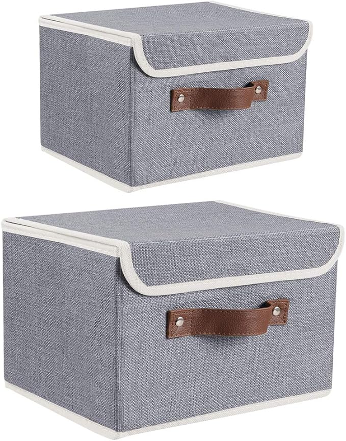 Lucky Monet Storage Bins Boxes with Lids 2 Pack Decorative Storage Boxes Collapsible Fabric Storage Basket Containers Lidded Storage Cube for Organizing Closet Home Office, 15"x 10"x 10" (Grey)