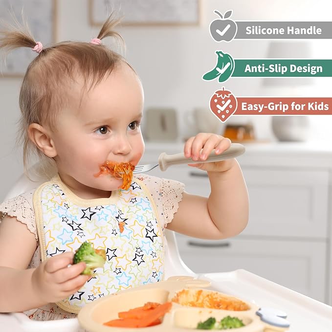 DRKIO 8 Pieces Toddler Forks Set - Baby Forks with Silicone Handle Children safe 18/8 Stainless Steel Toddler Utensils Set for Self Feeding Kids Silverware Anti-Choke Design Food Grade Dishwasher Safe