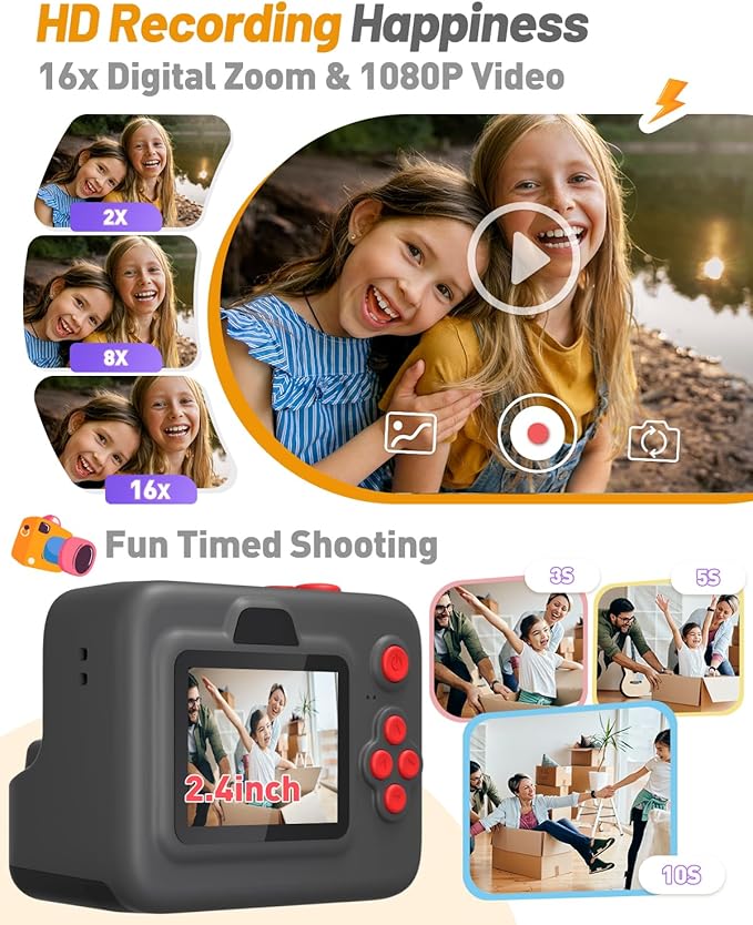 Kids Camera Instant Print, Christmas Birthday Gifts for 3-12 Year Old Boys Girls, 2.4in Screen 1080P Kids Digital Camera Toys for Kids Age 3 4 5 6 7 8 9 10 with 3 Rolls Print Paper 32G Card
