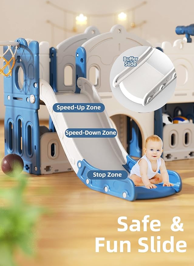 8 in 1 Toddler Slide and Climber Playset Indoor Outdoor Kids Slide with Basketball Hoop,Telescope, Storage Space, Freestanding Backyard Playground for Toddler Age 1-3, Blue