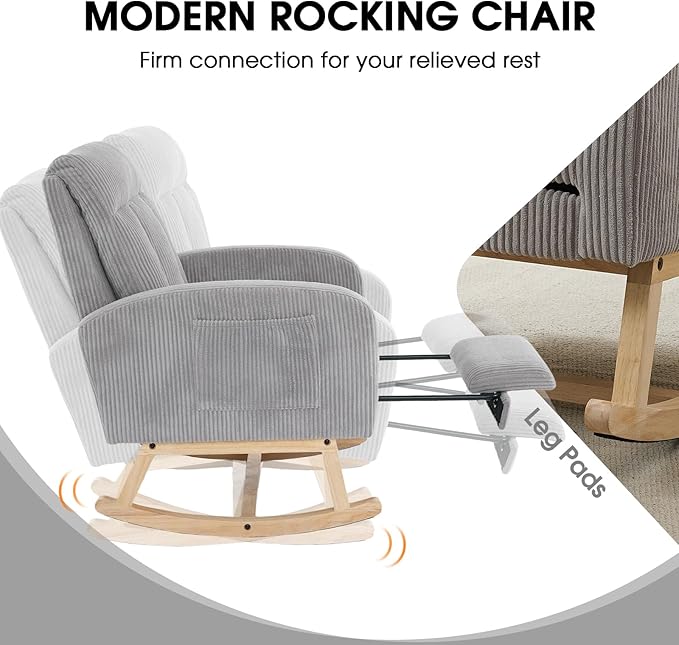 NIOIIKIT Nursery Rocking Chair, Corduroy Upholstered Rocking Chair with Adjustable Footrest, Tufted Rocker Chair with Side Pocket, Glider Rocker for Living Room, Bedroom (Gray Casual)